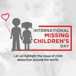 Silhouette of a boy and girl holding hands with a red heart-shaped balloon, promoting International Missing Children's Day.