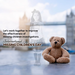 Image depicting a ghostly child and a teddy bear with text promoting awareness for missing children investigations.