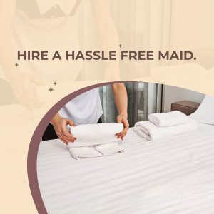Maid folding towels on a bed, promoting a hassle-free cleaning service.