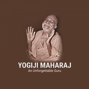 Portrait of Yogiji Maharaj with text 'Yogiji Maharaj - An Unforgettable Guru'