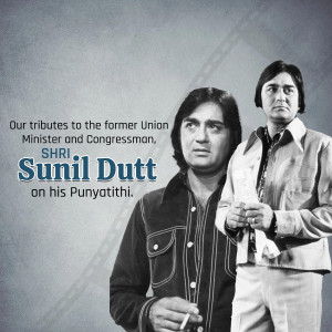 Black and white image of Sunil Dutt, commemorating his death anniversary.