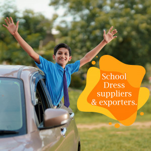 Young boy happily leaning out of a car window with a school supplies advertisement.