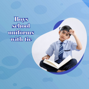 A young boy wearing a school uniform with a tie, reading a book.