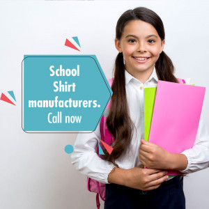Young schoolgirl with books and backpack, promoting school shirt manufacturers.