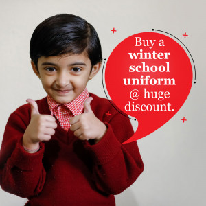 Young boy in a winter school uniform giving a thumbs up with a promotional speech bubble.