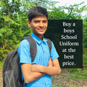 Young boy in school uniform with promotional text