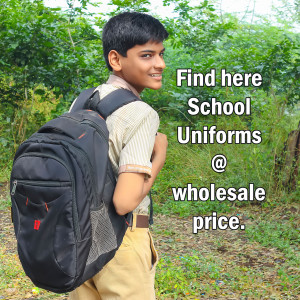 A young schoolboy with a backpack promoting school uniforms at wholesale prices.