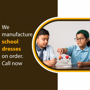 Two school children working on a science project with text advertising school dress manufacturing.