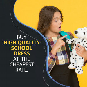 Young girl pointing at a stuffed animal with text promoting affordable school dresses.