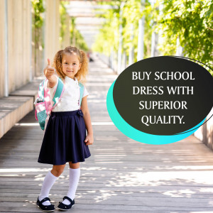 Young girl with backpack giving a thumbs up, promoting school dresses.
