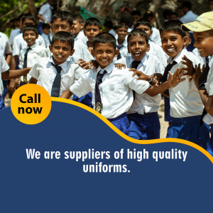 Group of smiling school children in uniforms with a call to action for uniform suppliers.