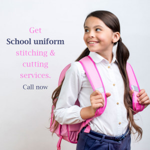 Young girl with school backpack promoting school uniform stitching and cutting services.