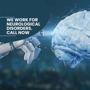 Robotic arm reaching towards a glowing brain, representing AI in neurological disorder treatment.