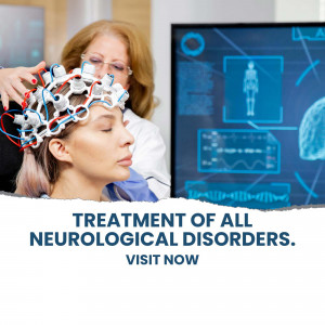 Woman undergoing neurological testing with a head cap and brain scan display.