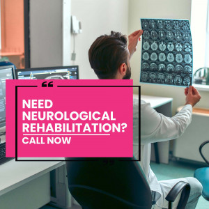 Doctor examining a brain scan with a call to action for neurological rehabilitation.