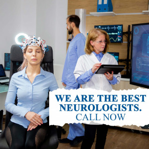 Woman undergoing a brain scan with neurologists in the background