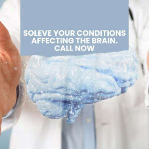 A doctor holding a brain-shaped gel with text promoting a call to action for brain health conditions.