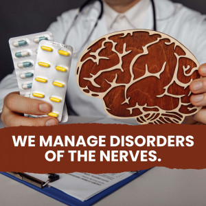 Doctor holding pills and a brain model, representing neurological disorder treatment.