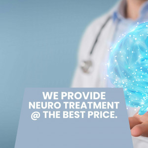 Doctor presenting a glowing brain hologram with text promoting neuro treatment.