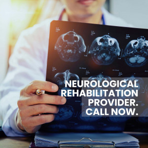Doctor reviewing a brain scan on a tablet with text promoting neurological rehabilitation.
