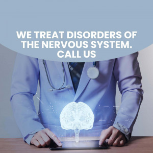 Doctor with a digital brain image, promoting neurological disorder treatment.