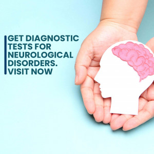 Hand holding a brain-shaped cutout with text promoting neurological disorder diagnostic tests.