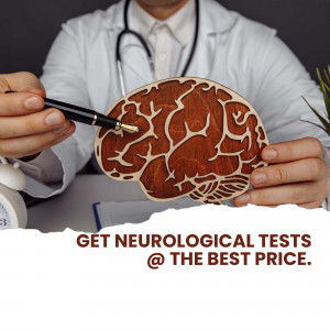 Doctor holding a wooden brain model with a pen, promoting neurological tests.