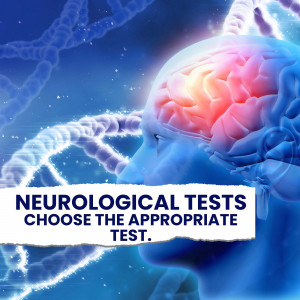 Image depicting a human brain with a DNA helix, promoting neurological testing.