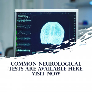 Computer screen displaying a brain scan with text overlay 'Common Neurological Tests are Available Here. Visit Now'