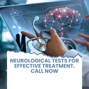 Tablet displaying brain scan with stethoscope, representing neurological tests and healthcare technology.