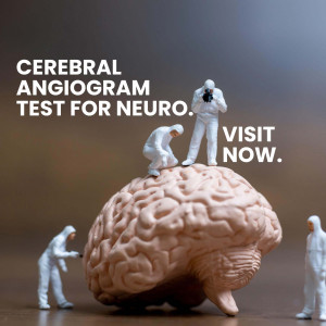 Miniature figures examining a brain model with text 'Cerebral Angiogram Test for Neuro.'