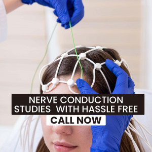 A medical professional performing a nerve conduction study on a patient's head.