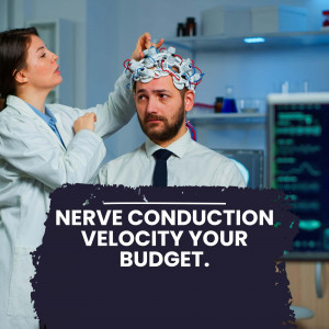 Two scientists conducting a nerve conduction velocity test in a laboratory setting.