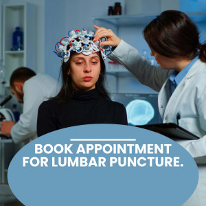 A doctor fitting a neurological headset onto a patient's head in a research setting, with text promoting lumbar puncture appointments.