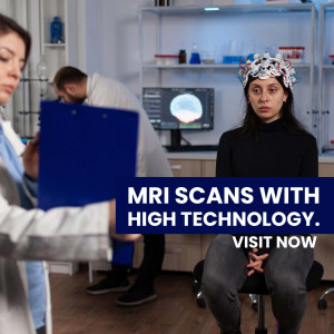 Woman undergoing an MRI scan in a medical laboratory setting.