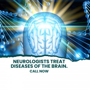 Illustration of a brain with DNA strands and text promoting neurologists.