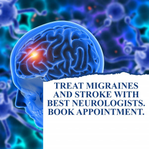 Illustration of a brain with a highlighted area and text promoting migraine and stroke treatment.