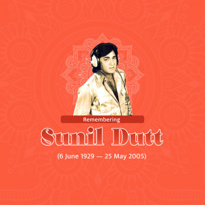 Black and white portrait of Sunil Dutt with dates of birth and death