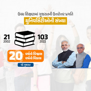 Image depicting the progress of Gujarat University with statistics and portraits of Narendra Modi and a university official.