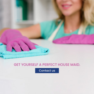 Woman cleaning a white surface with a blue cloth and wearing purple gloves, advertising a house cleaning service.