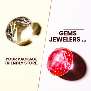 Close-up of sparkling gems with Gems Jewelers branding