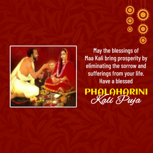 Image depicting a priest performing a ritual before Goddess Kali with text wishing blessings for Phalaharini Kali Puja.
