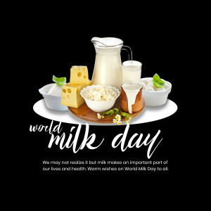 Assortment of dairy products including milk, cheese, yogurt, and cottage cheese with World Milk Day text.