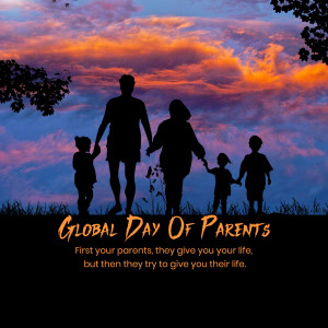 Silhouette of a family with children holding hands against a vibrant sunset sky with text 'Global Day of Parents'