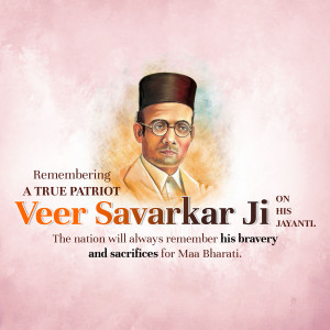Portrait of Veer Savarkar with text commemorating his birth anniversary