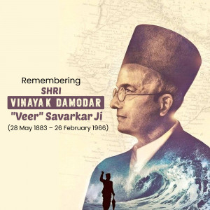 Portrait of Vinayak Damodar Savarkar with a background map and ocean waves