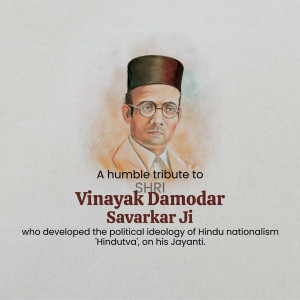 Portrait of Vinayak Damodar Savarkar with tribute text