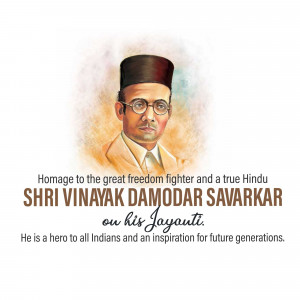 Portrait of Vinayak Damodar Savarkar with text commemorating his birth anniversary