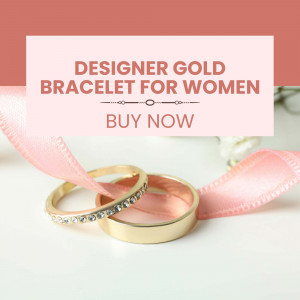 Close-up of gold rings and a pink ribbon with text promoting a designer gold bracelet for women.