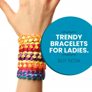 A woman's wrist adorned with a stack of colorful braided bracelets with a promotional graphic.